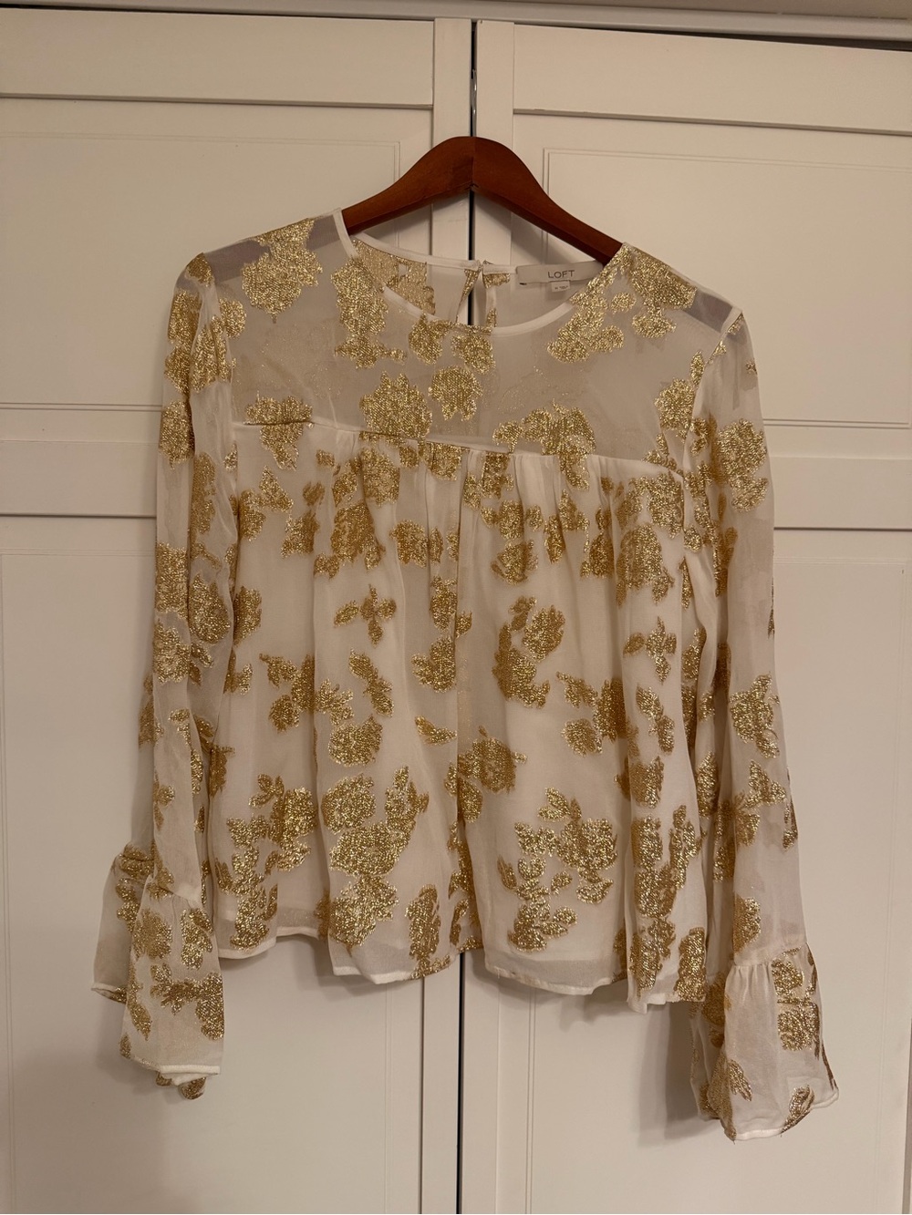 LOFT White Sheer Blouse with Gold Floral Embellishment